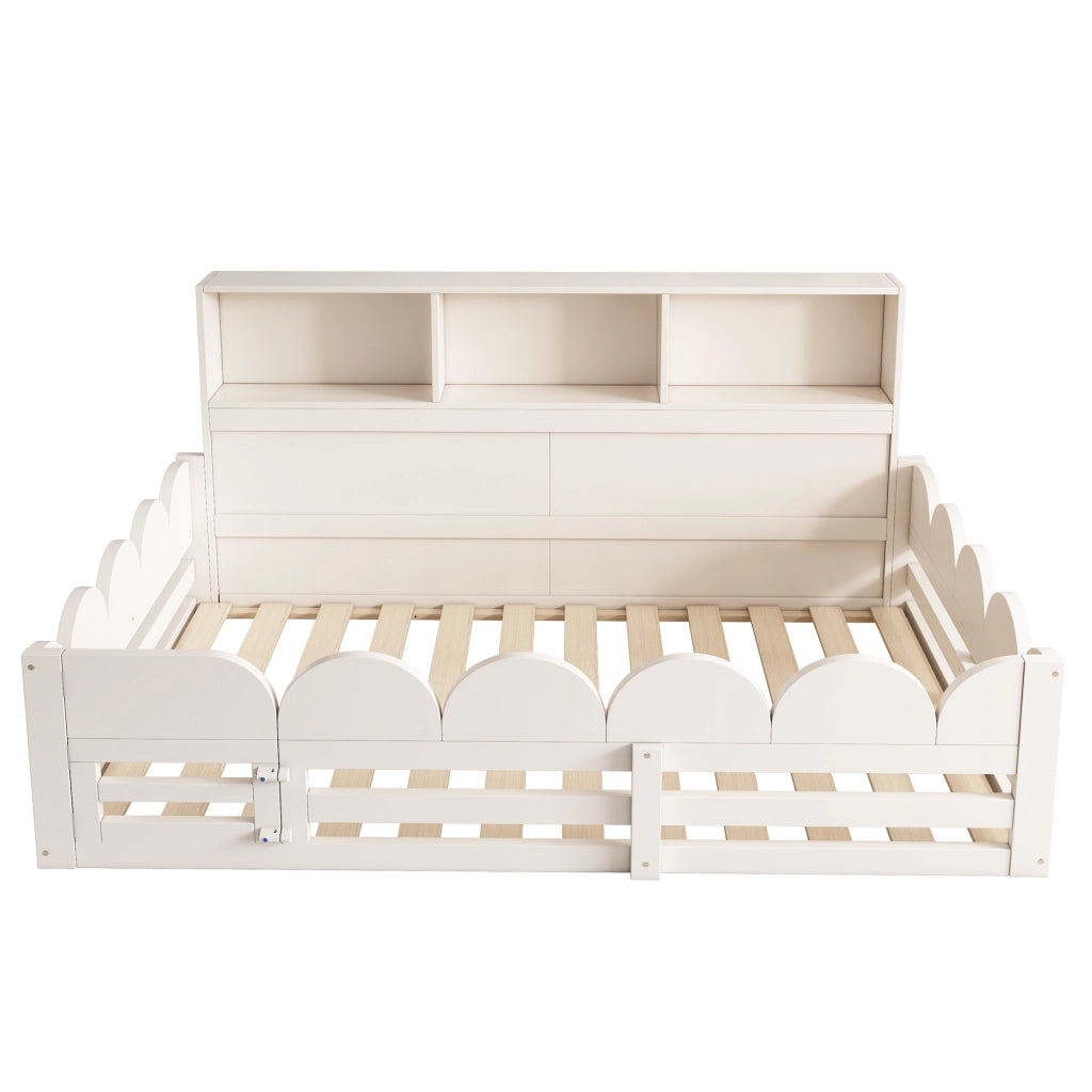 Letto per bambini 140x200 cm, con sponde di sicurezza e vano contenitore, in MDF, bianco