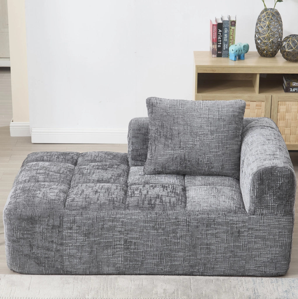 Divano chaise longue 158x90x60 cm con tasche laterali e cuscino in chenille grigio