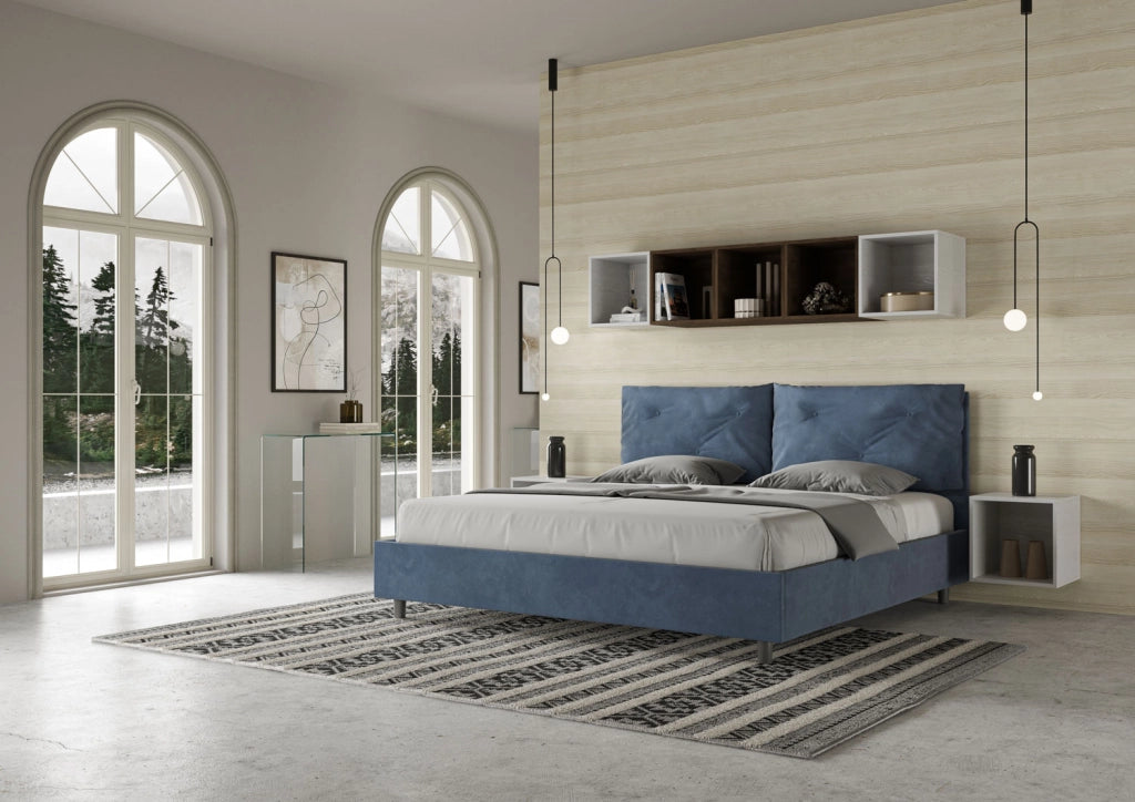 BS COM Letto matrimoniale king size contenitore imbottito 190x210 microfibra blu Large