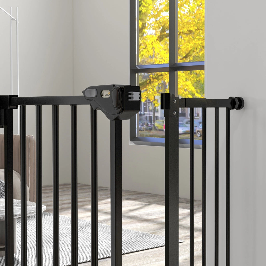 Cancellino per Cani Regolabile 74-100x77 cm con Chiusura Automatica in Acciaio e Plastica Nero