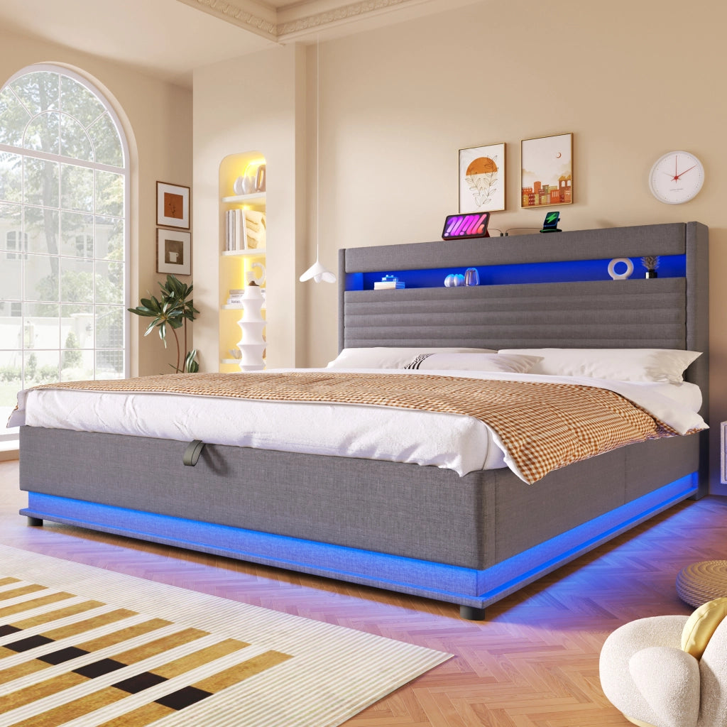 LETTO imbottito 180x200 cm in lino grigio con USB Type-C e LED, senza materasso