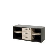 Mobile basso per ufficio con 4 scomparti e 3 cassetti, color rovere chiaro e nero