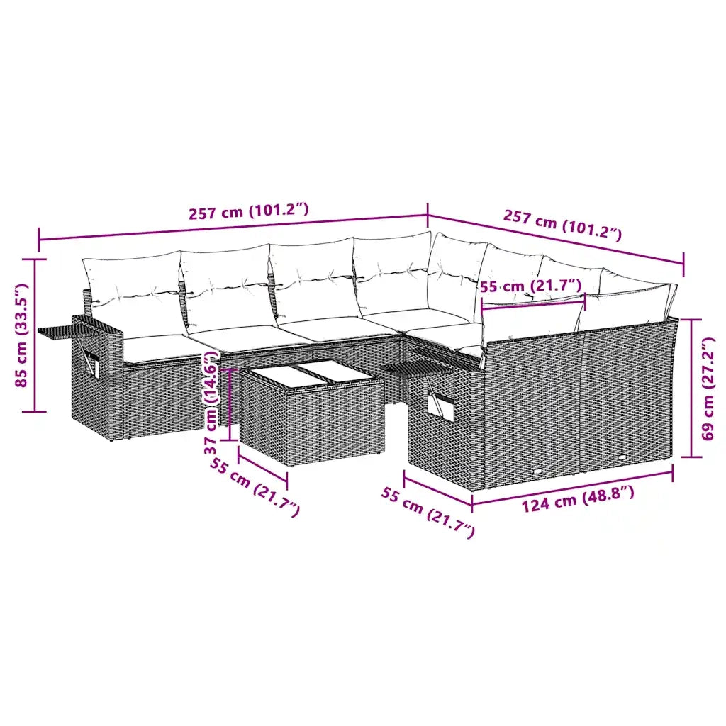 Set Divano da Giardino 9pz con Cuscini Grigio Chiaro Polyrattan 3219961