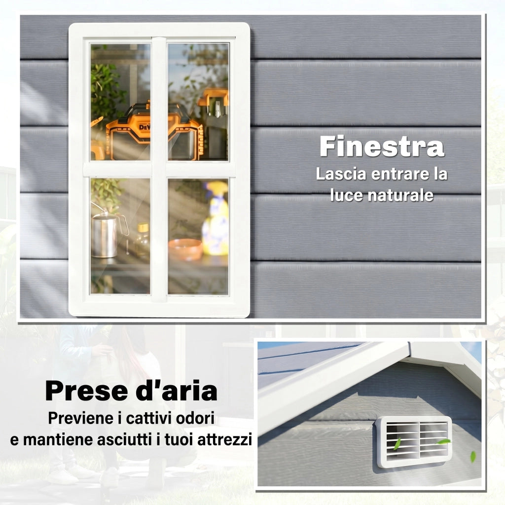 Casetta da Giardino con Finestra e Doppia Porta PP e Alluminio, 183x134x210 cm, Grigio