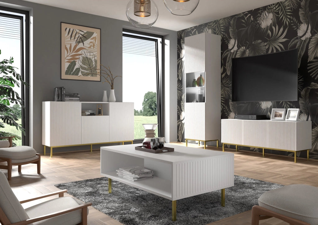 MOBILE RAVENNA B PORTA TV IN MDF RIVESTITO IN FOGLIO 3D 150 BIANCO OPACO STRUTTURA ORO