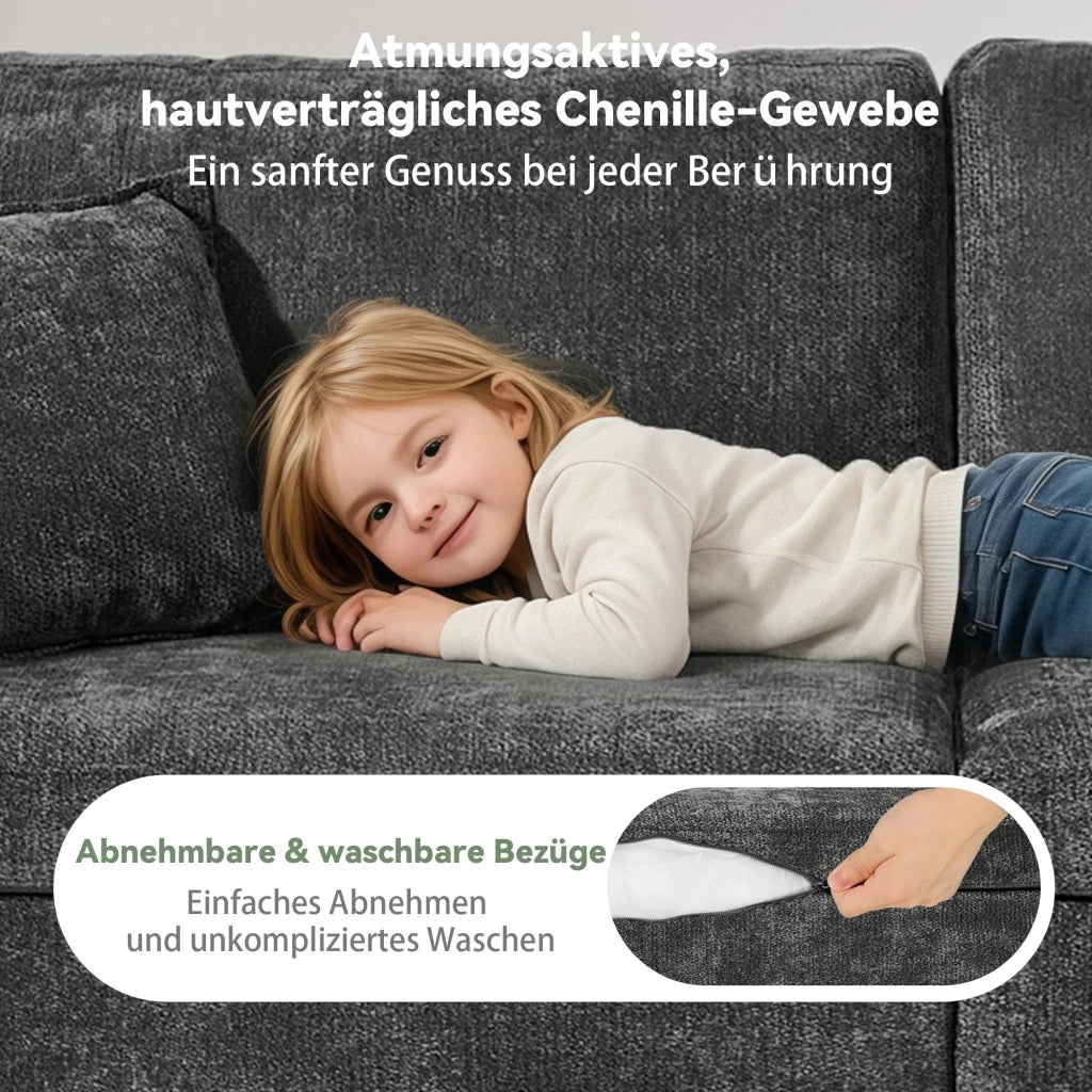 Divano a 2 posti compatto con tasche laterali portabevande e cuscini in chenille nero 220 × 100 × 89 cm