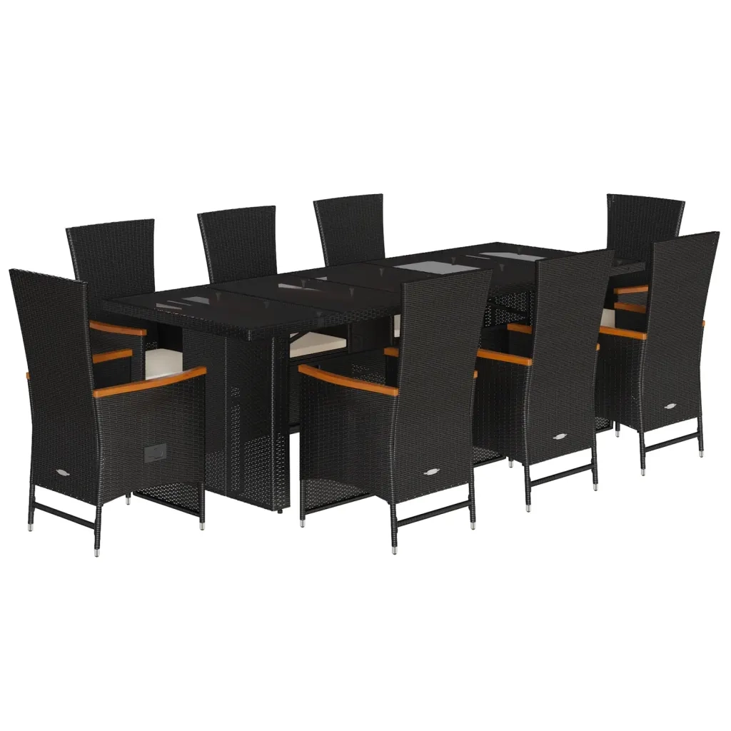 Set da Pranzo da Giardino 9 pz con Cuscini Nero in Polyrattan 3277535