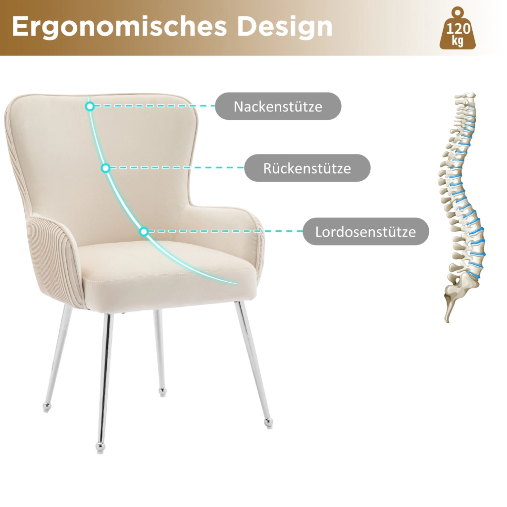 Sedia da pranzo in velluto set 6 pezzi con braccioli supporto lombare e gambe metalliche beige