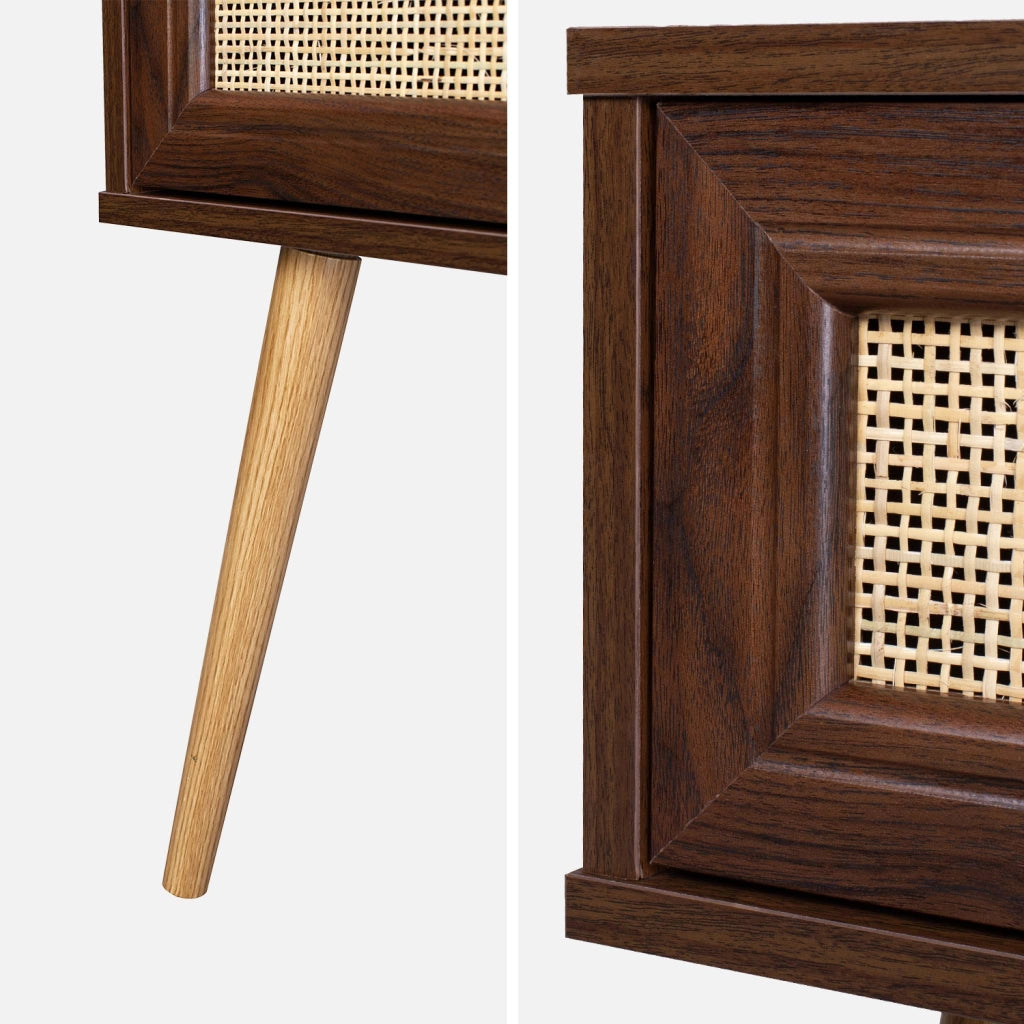Comodino effetto legno e intrecciatura cannage, 1 cassetto, marrone