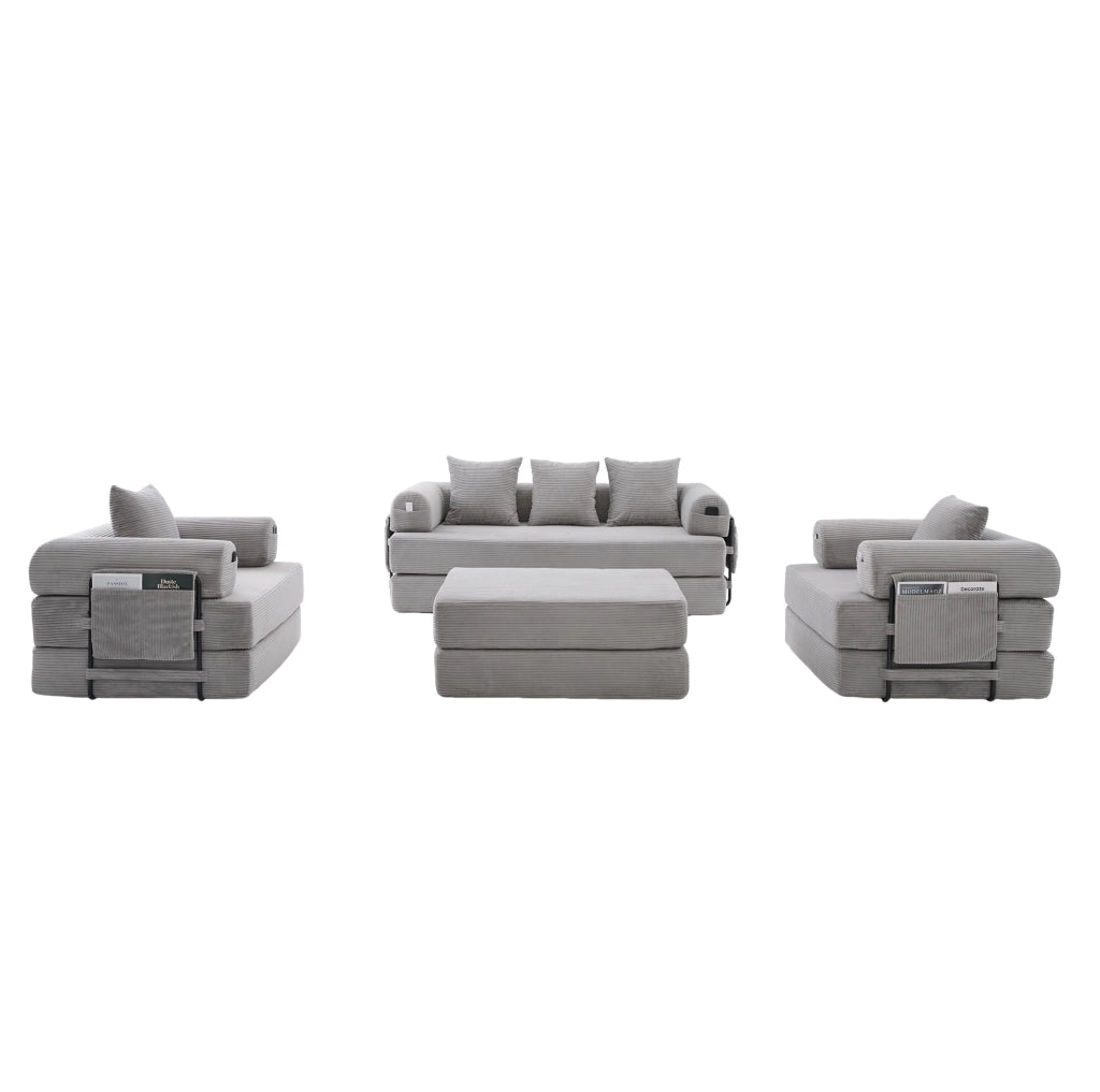 Divano modulare in tessuto a coste grigio chiaro 200x94x67 cm con pouf