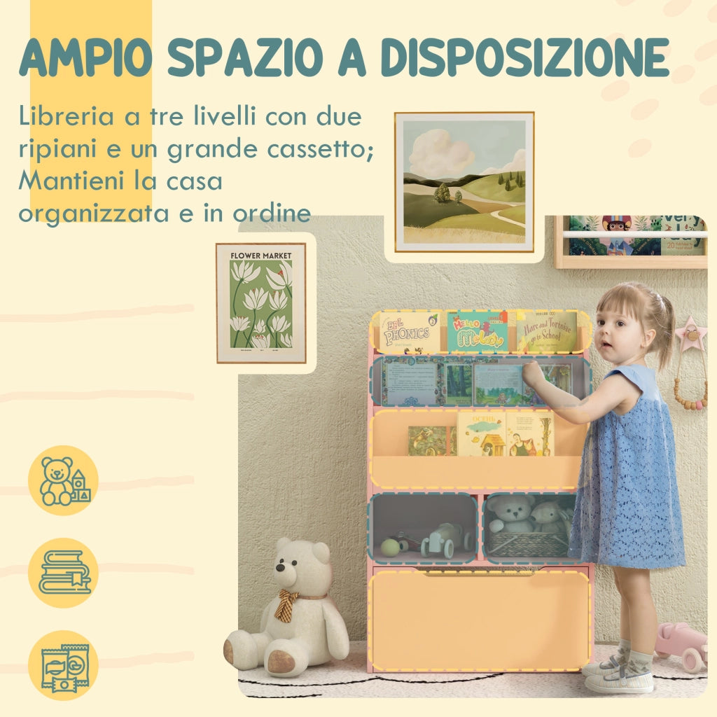Piccola Libreria per Bambini con Ripiani e Cassetto in MDF, 60x29.9x90cm, Rosa