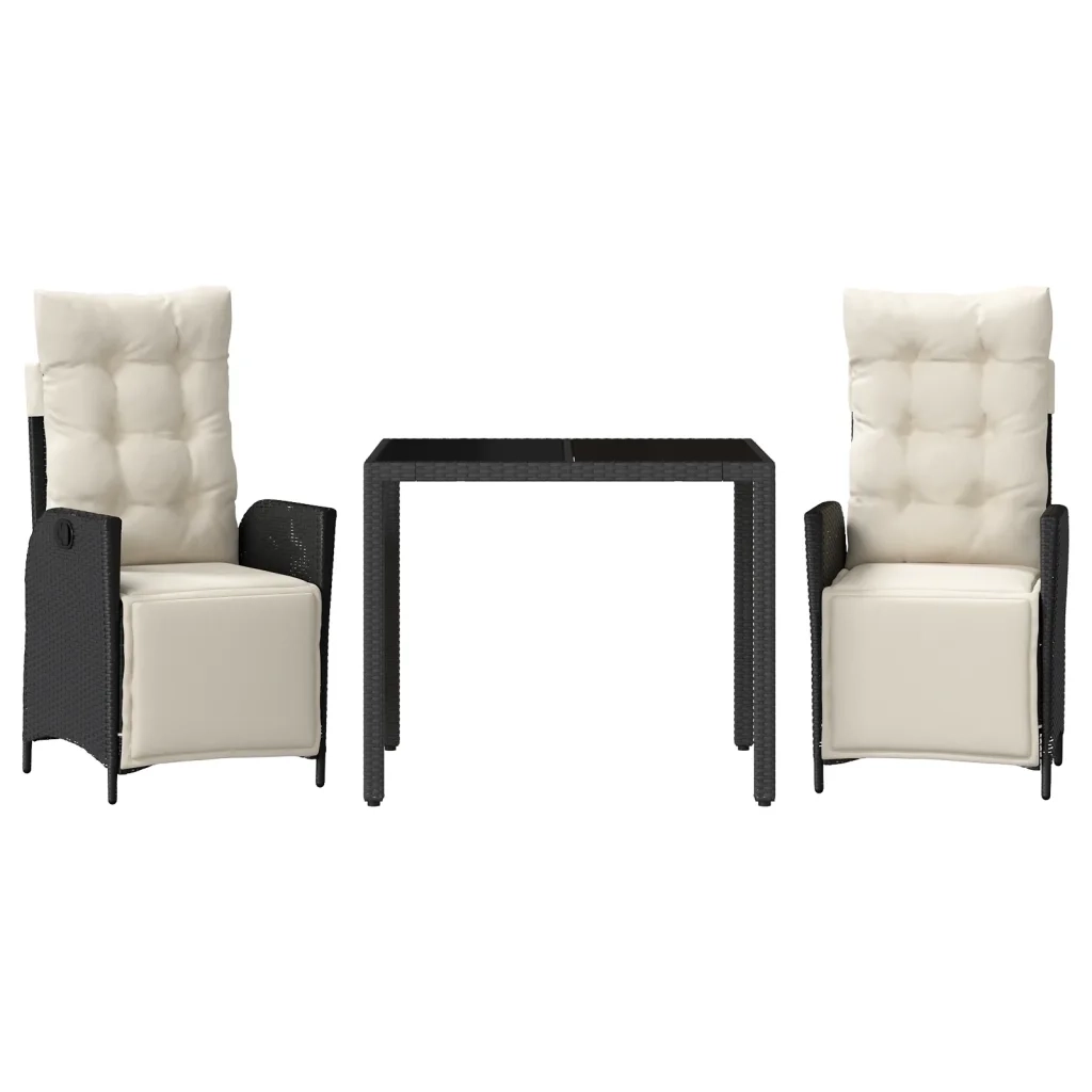 Set da Pranzo da Giardino 3 pz con Cuscini Nero in Polyrattan