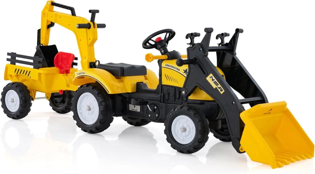 3 in 1 Escavatore per Bambini, Trattore con Rimorchio Staccabile Cavalcabile per Bambini, con 6 Ruote e 2 Benne, per Bambini 3-6 Anni (Giallo)