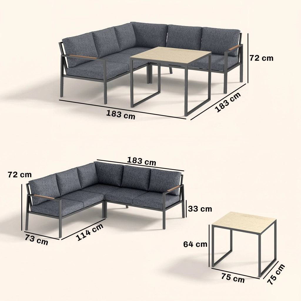 Set Giardino Esterno 3 Pezzi 5 Posti ¨C zephmum ¨C 2 Divani con Cuscini, Tavolino, 183x183x72, Grigio Scuro