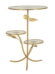 Tavolinetto 3 Ripiani Leaf cm Ø 54x69,5 - Tavolo Glam in Ferro e Vetro con Motivi a Foglia - Arredo Living Moderno