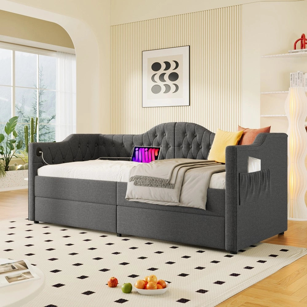 Letto Imbottito con Cassetti e USB ¨C MINIMAL ¨C Grigio, 90x190