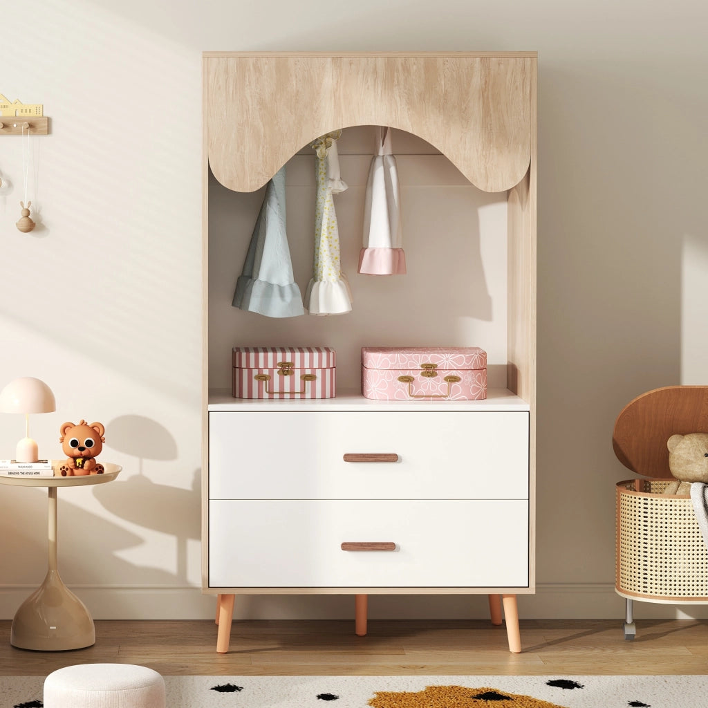 Armadio modulare aperto con barra appendiabiti e 2 cassetti; piedi in legno per camera da letto; 80×46×141.5 cm