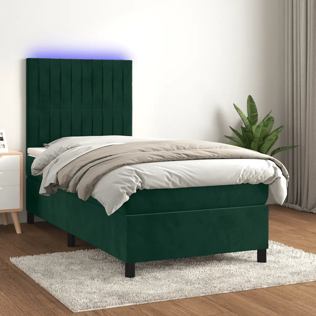 Letto a Molle con Materasso e LED Verde Scuro 90x190 cm Velluto