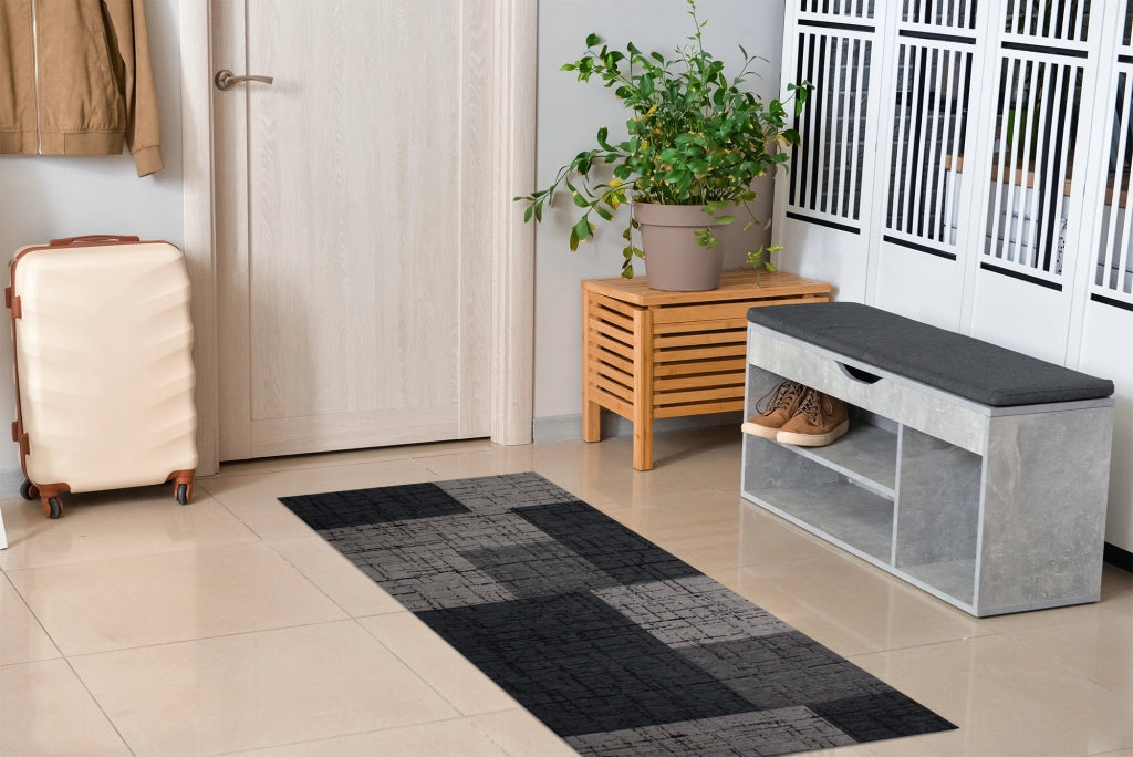 Tappeto Arredo Moderno Morbido in Ciniglia Ingresso Antiscivolo Prodotto Italiano  Soggiorno Camera Salotto Disegni Piazzati Cotone Varie Misure Grande Mondrian/Antracite - 65x175 cm