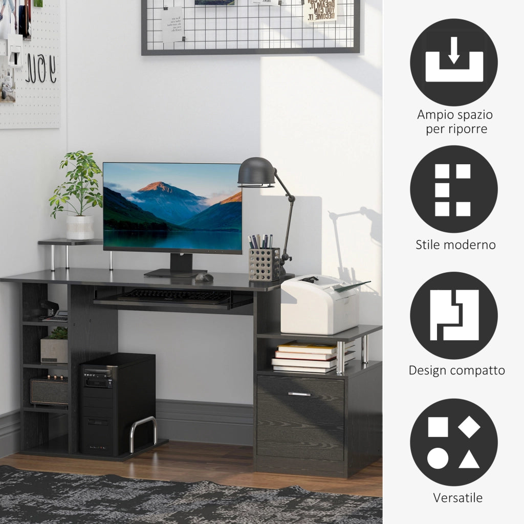 Scrivania per Computer con Cassetti e Ripiani ¨C Xylo ¨C Legno Nero 152x60x88cm
