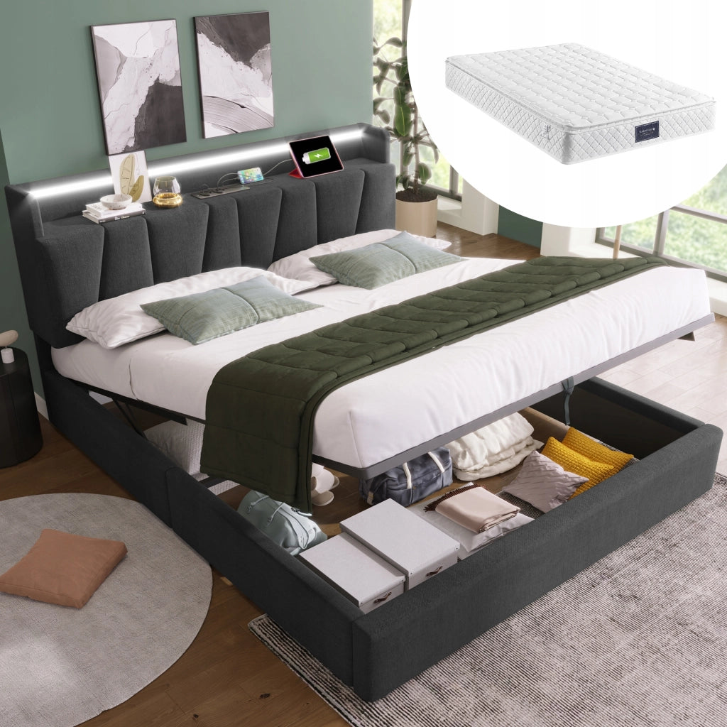 Letto imbottito 140x200 grigio con USB e LED - Xylo