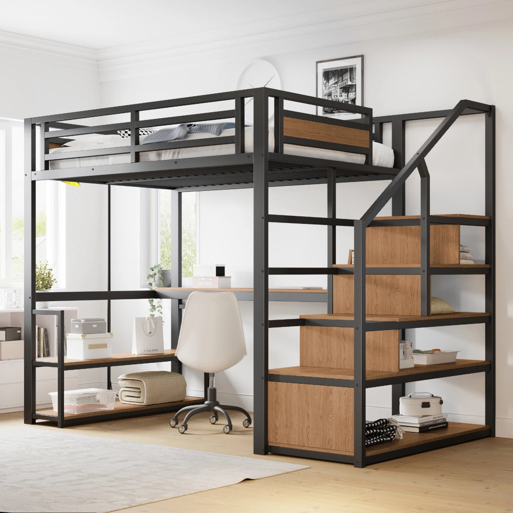 Letto a soppalco in metallo 140x200 cm nero con scale contenitore, ripiani e scrivania