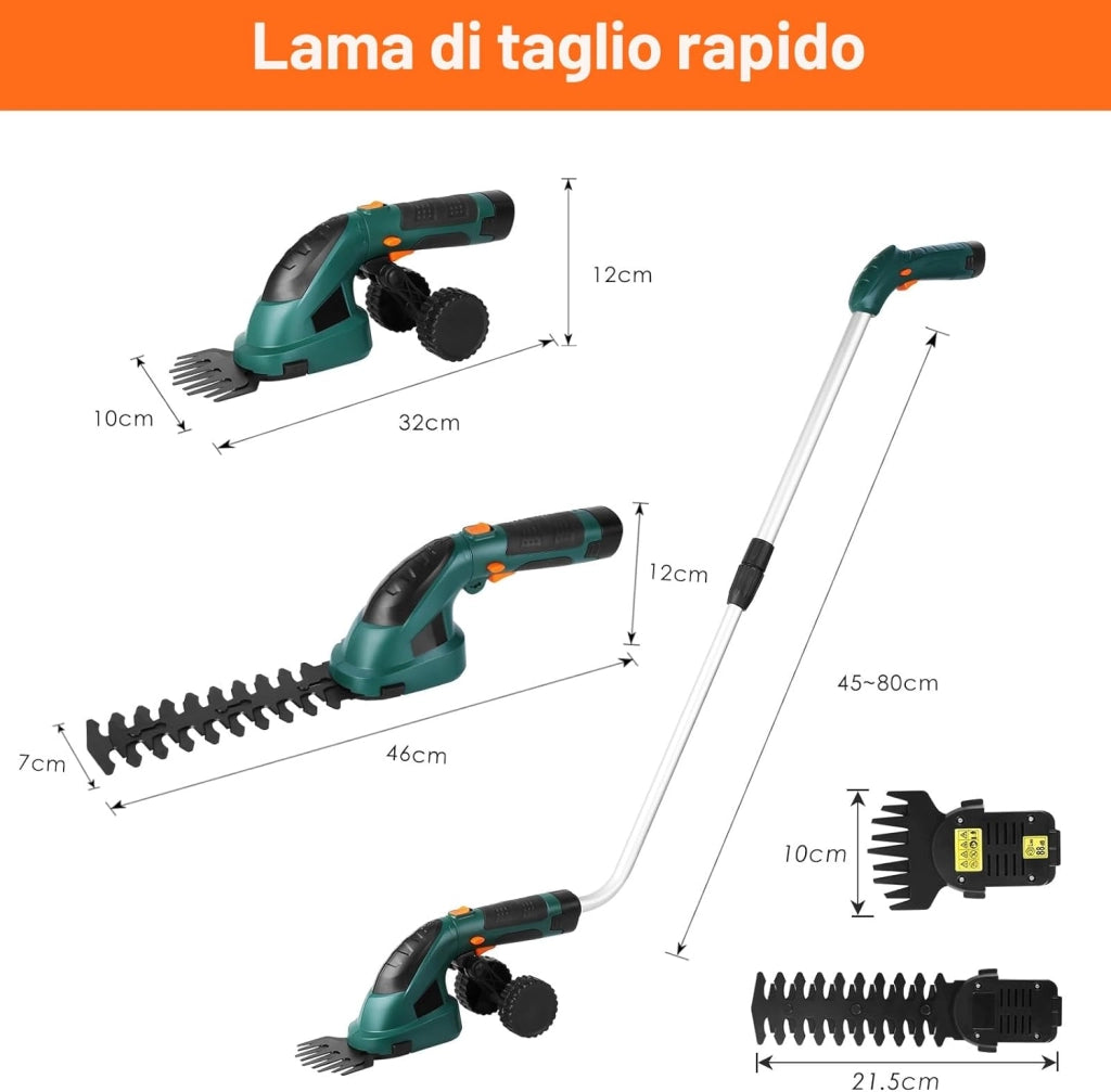 Cesoia per Erba a Batteria 7,2V 2000mAh, 2 in 1 Tagliasiepi elettrico a batteria, con Manico Telescopico, Taglia bordi giardino a batteria, Per Siepi, Giardino e Cespugli, Verde scuro