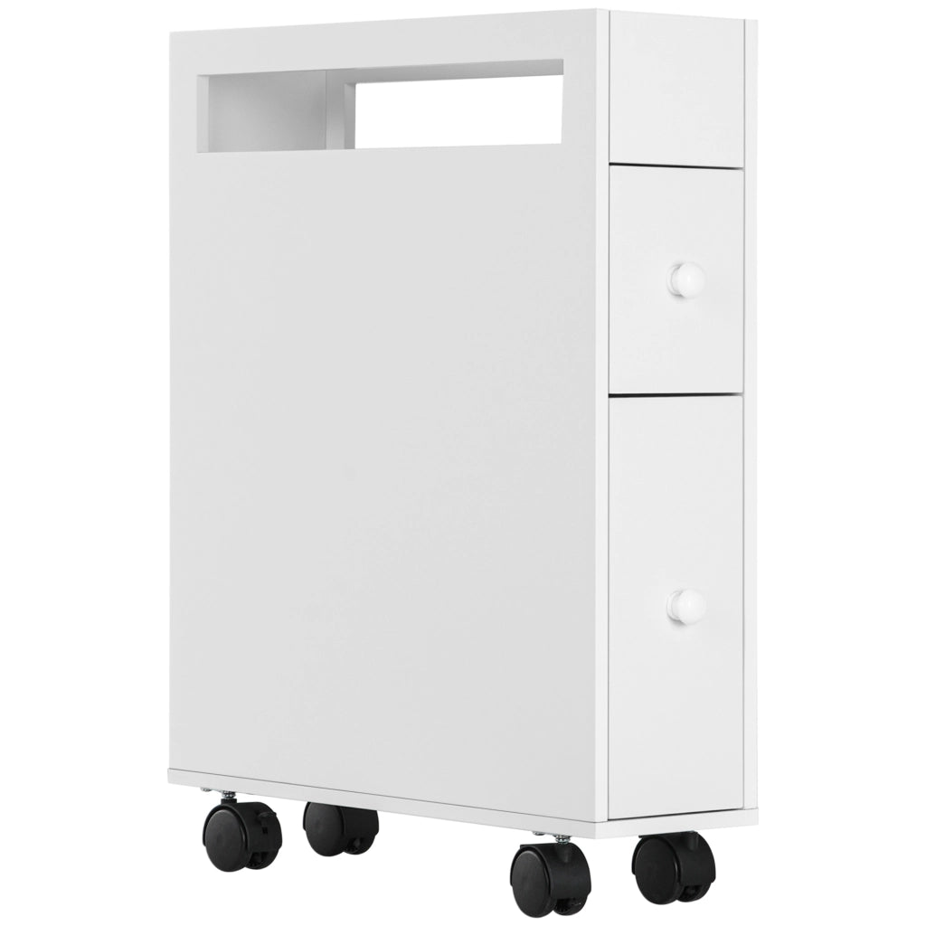 Mobile bagno salvaspazio con 2 cassetti e vano aperto su ruote con freni per bagno in MDF bianco 16×49.5×66 cm