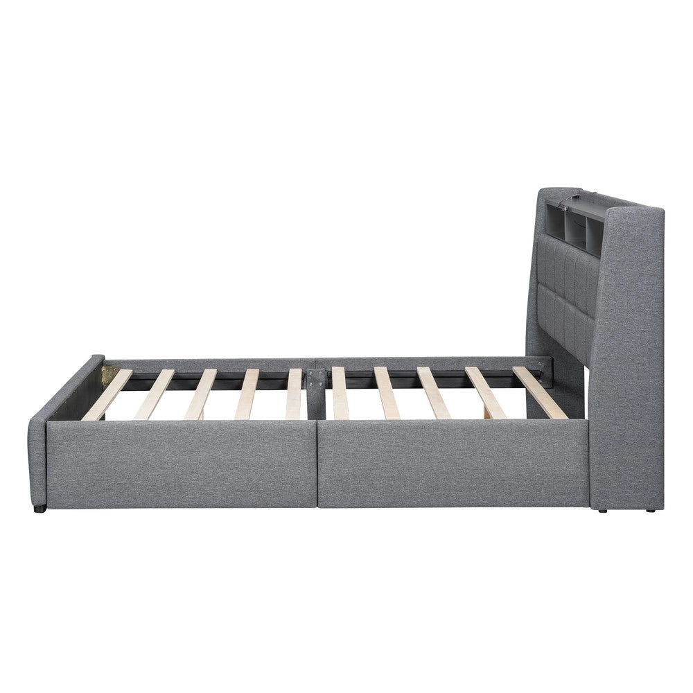 Letto Imbottito con Cassetti e LED ¨C MINIMAL ¨C Grigio, Tessuto Lino, 140x200