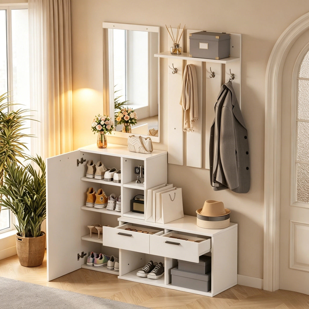 Set da ingresso composto da scarpiera, specchio e ganci appendiabiti, con 2 cassetti, in MDF, bianco