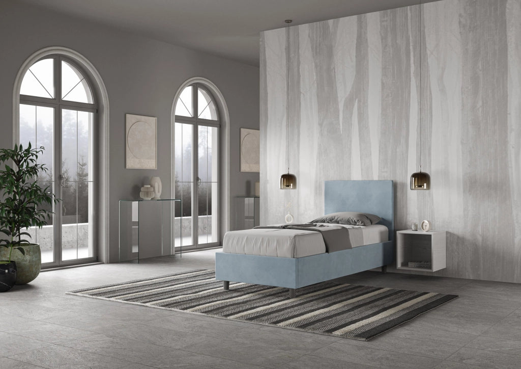 BS COM Letto singolo contenitore imbottito 90x190 microfibra azzurro