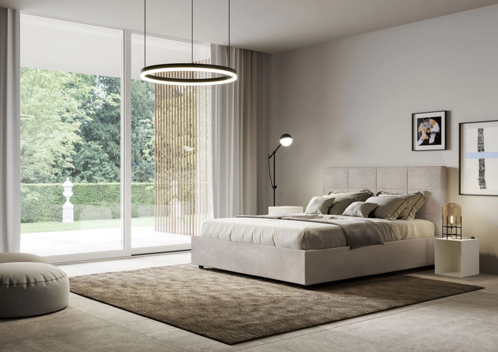 BS COM Letto queen size contenitore imbottito 150x190 microfibra sabbia