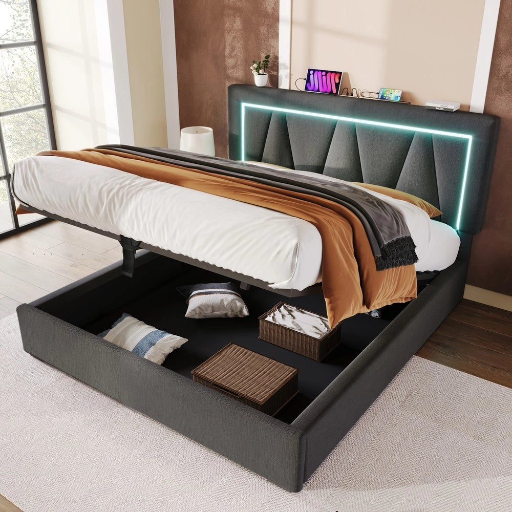Letto Contenitore Imbottito LED 160x200 con USB ¨C Xylo ¨C Tessuto Lino