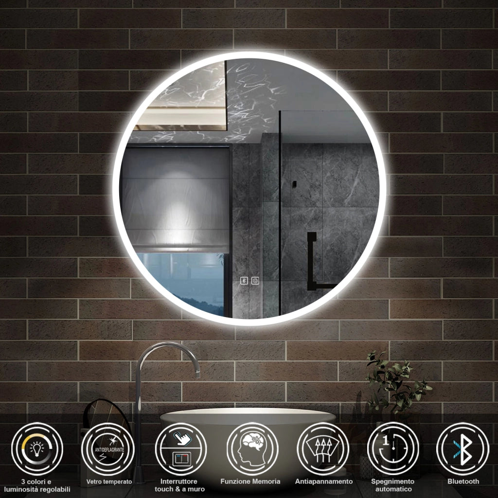 specchio rotondo 70 cm retroilluminato con antiappannamento, funzione dimmerabile e morbido bagliore esterno, bluetooth