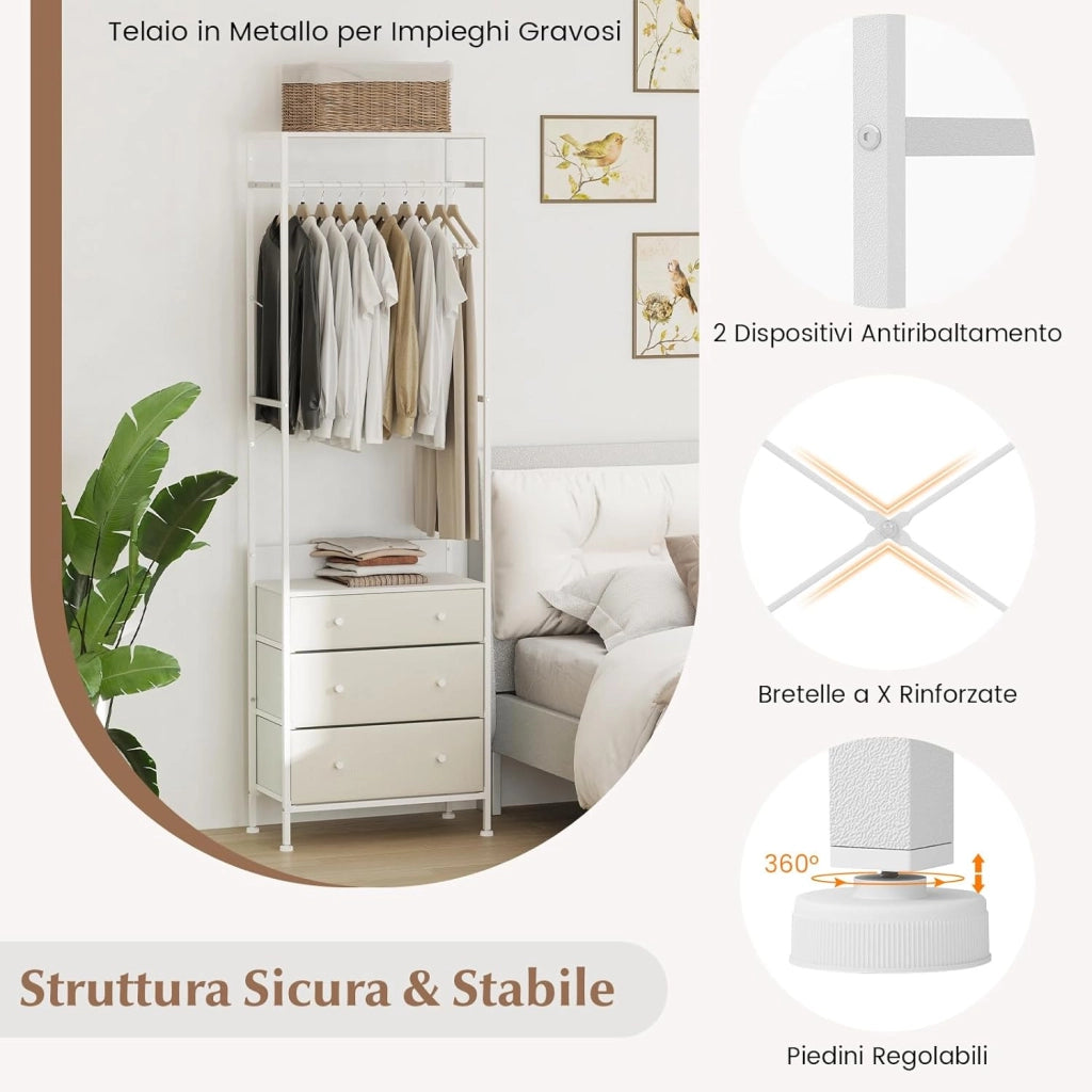 Appendiabiti con Cassetti in Tessuto, Armadio Autoportante con Asta Appendiabiti a 3 Posizioni e Ripiani di Stoccaggio, Ideale per Ingresso Camera da Letto, 55x28x176 cm (Bianco)