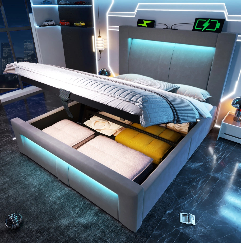 Letto singolo 90x200 cm con contenitore; LED; porte USB e USB C; velluto grigio
