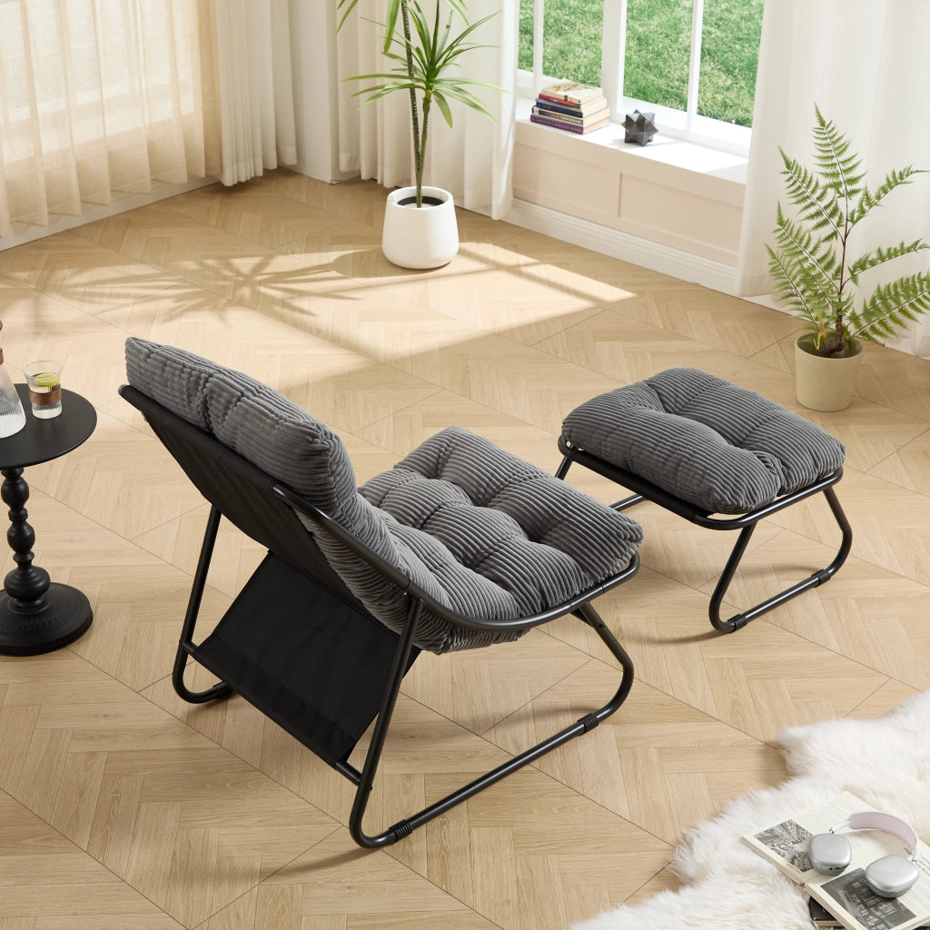 Sedia da patio esterno con pouf poltrona reclinabile comoda con cuscino e poggiapiedi ideale per soggiorno camera da letto sala di lettura telaio nero con cuscino grigio
