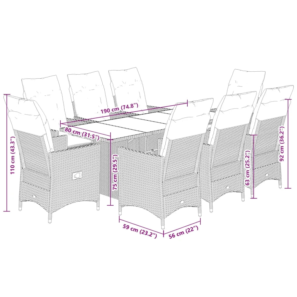 Set da Pranzo da Giardino 9 pz con Cuscini Nero in Polyrattan 3276701
