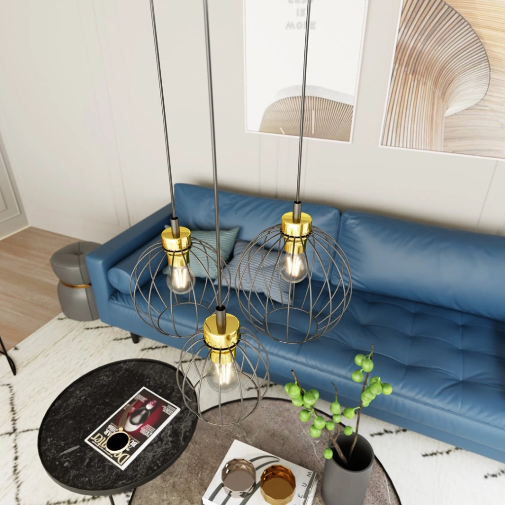 Lampada a sospensione loft tonda nero-oro 3xE27 Nando