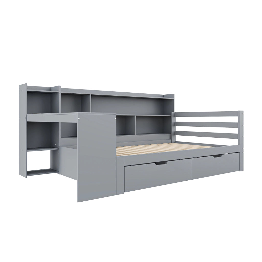LETTO Multifunzionale 90x200 cm in legno grigio con scrivania, ripiani e cassetti