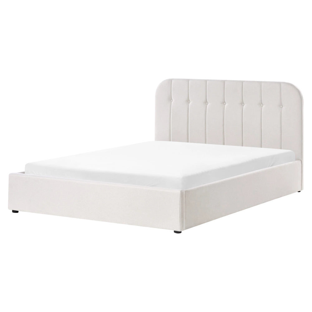 Letto Matrimoniale con Contenitore in tessuto bianco sporco 160 x 200 cm con testiera a doghe