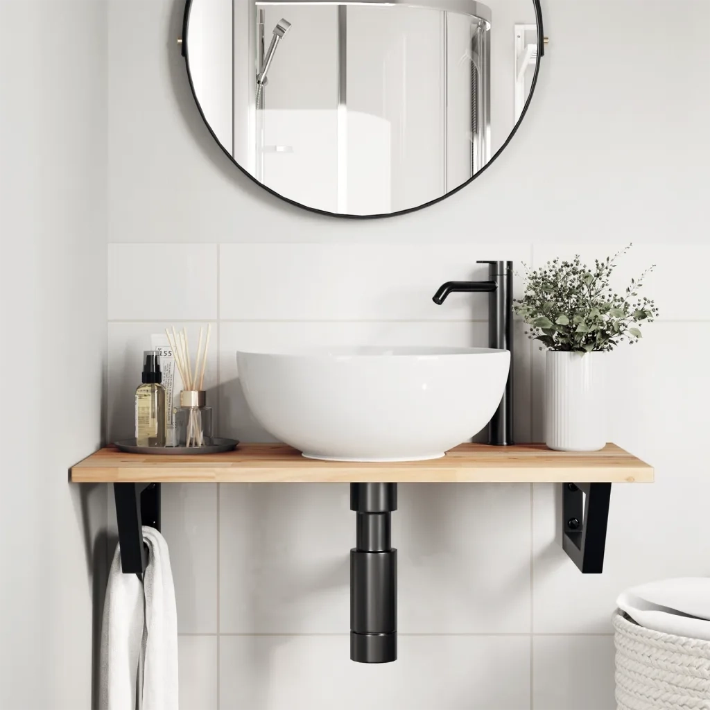 Ripiano a Parete per Lavabo in Acciaio e Massello di Acacia