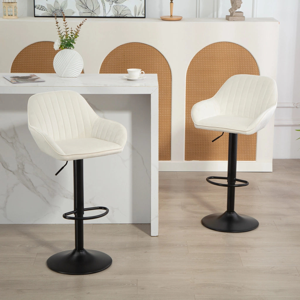 Set di 2 sgabelli da bar girevoli regolabili in altezza ¨C zephmum ¨C velluto crema con schienale e poggiapiedi 62-83 cm