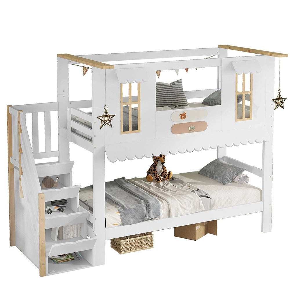 Letto a castello decorabile - Xylo - 90x200cm bianco/naturale, finestre