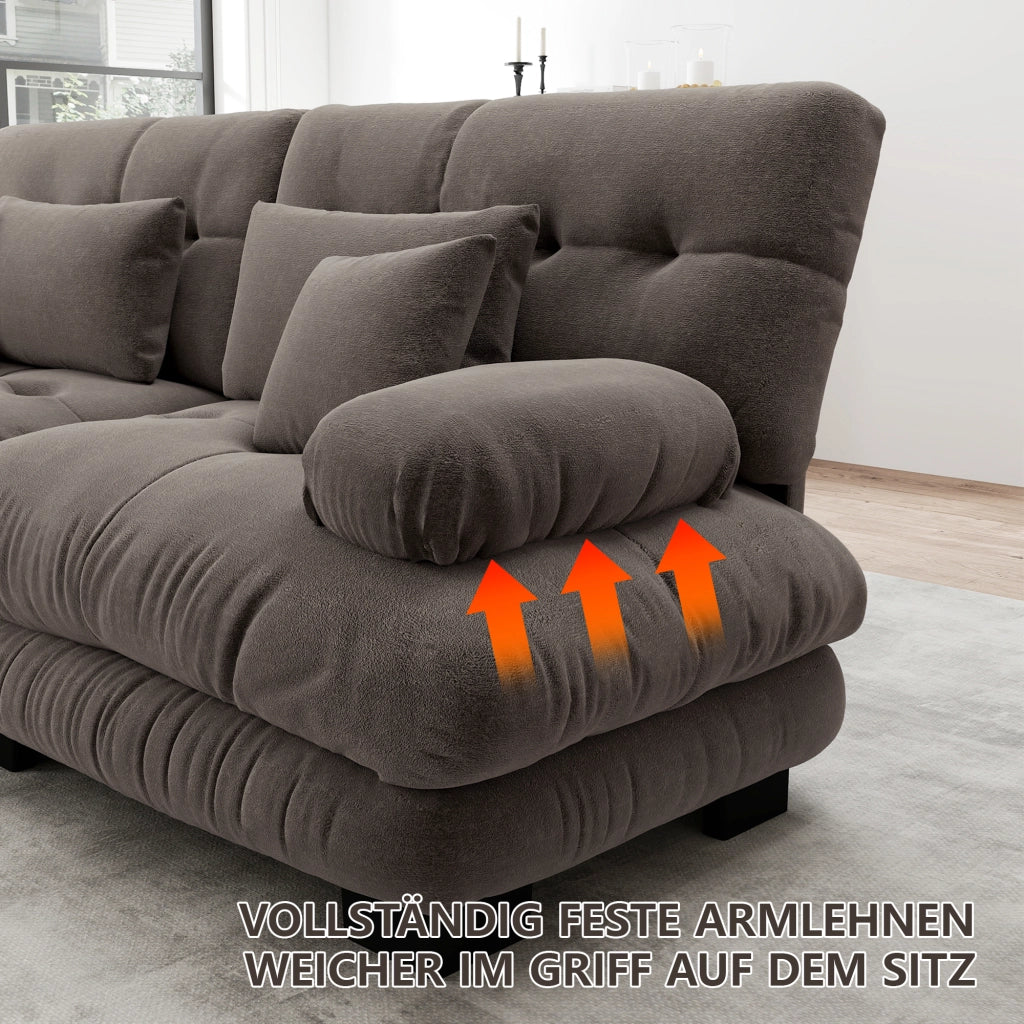 Divano angolare modulare in chenille con braccioli imbottiti e pouf, marrone 220 × 145 × 81 cm