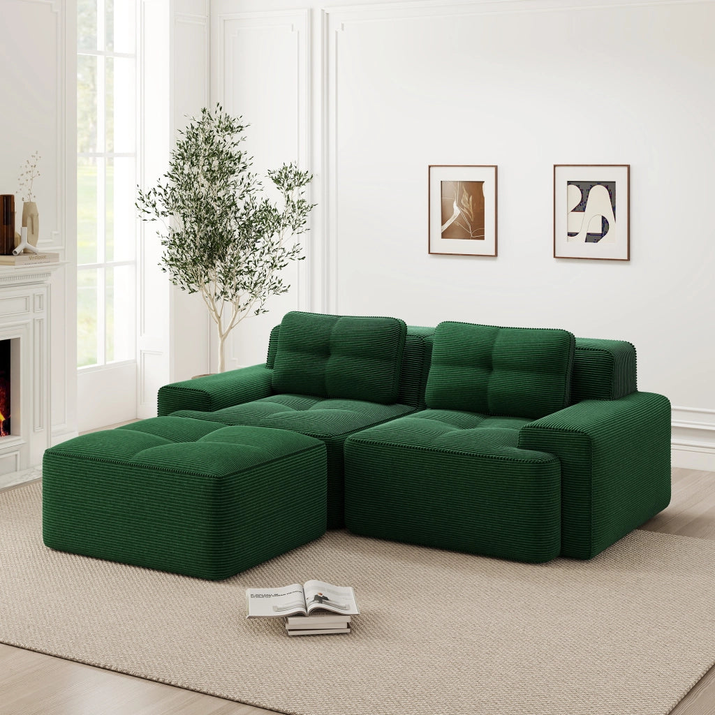 Divano Letto Modulare Angolare 2 Posti ¨C MINIMAL ¨C Velluto a Coste Verde con Ottoman