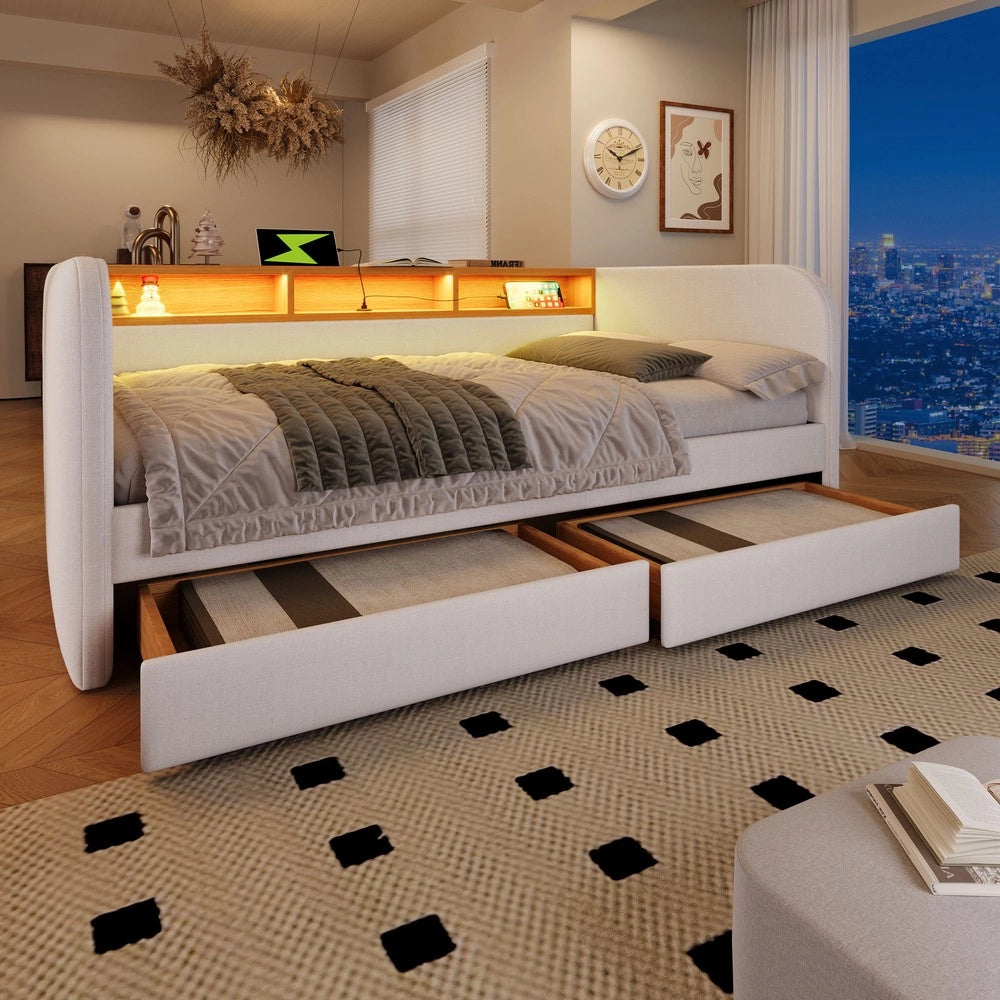 Letto Imbottito Contenitore con LED e 2 Cassetti ¨C Xylo ¨C Tessuto Beige Chiaro 140x190