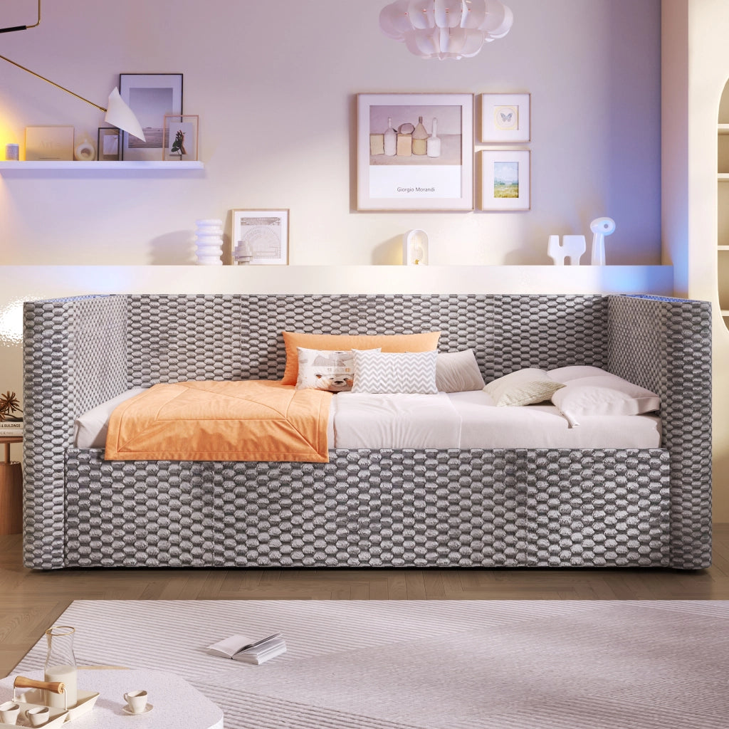 LETTO DAYBED 90x200 cm Velluto Grigio con LED e contenitore idraulico