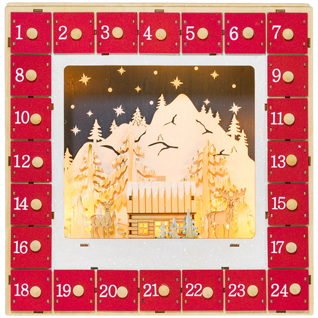 Calendario dell'Avvento LED ¨C Minimal ¨C Legno, Rosso, 24 Cassetti