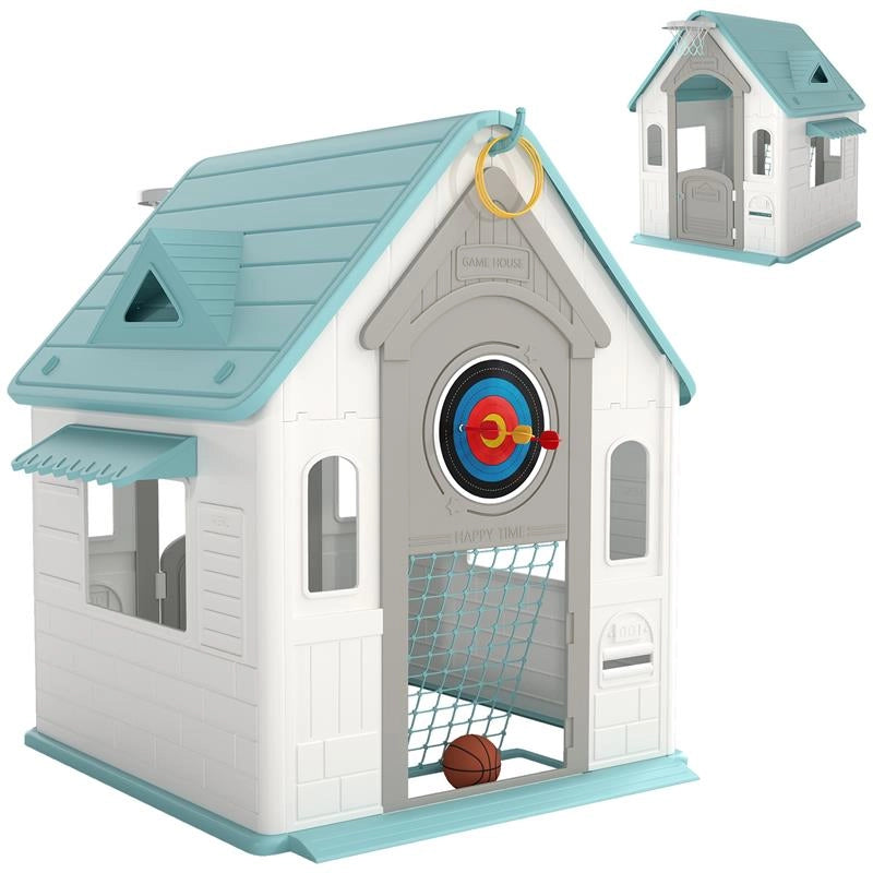 CASETTA PER BAMBINI 5 IN 1 IN PP MULTICOLORE CON PALLA DA BASKET, ANELLI E FRECCETTE, 132X118X124 CM